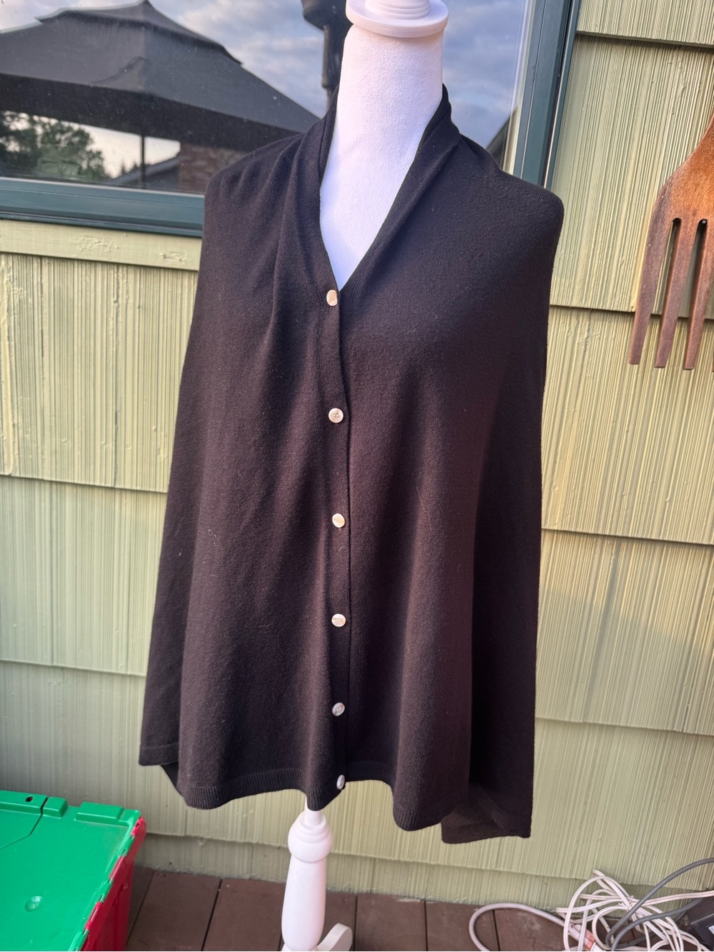 Black Button-Front Sweater Poncho - Versatile Layering Piece